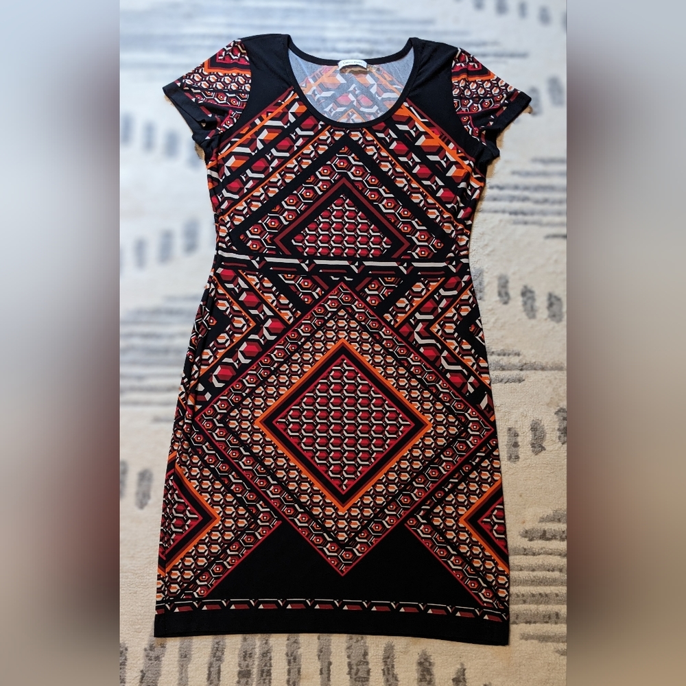 Calvin Klein Geometric Bodycon Dress in red & black - Size 12
